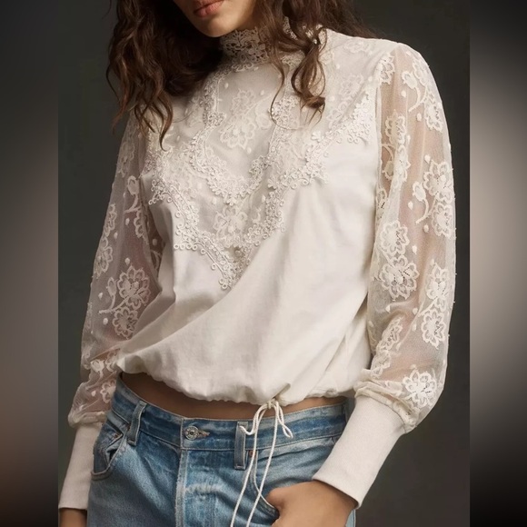 Anthropologie Tiny Oriana Long-Sleeve Lace blouse Top size small IVORY - Picture 1 of 8